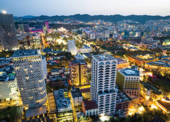 City of Tirane, Tirana, Albania. November 5, 2023. Image of Tirana Skyline showing the colorful buildings and the cloudy sky of autumn.