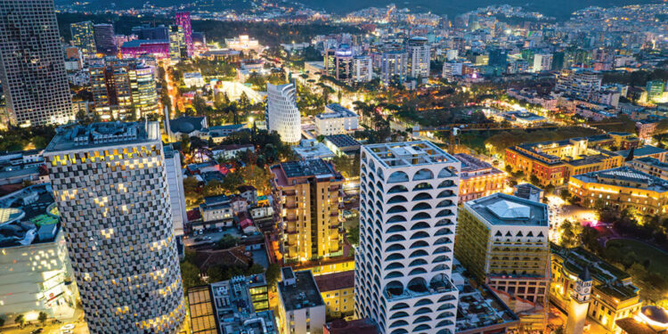 City of Tirane, Tirana, Albania. November 5, 2023. Image of Tirana Skyline showing the colorful buildings and the cloudy sky of autumn.