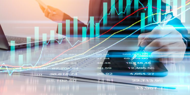 Business man on stock market data or financial analysis. Stock market graph. Stock market indicator. Stock market financial graph. Stock market analysis. Financial statistic analysis, business strategy, business content, business background