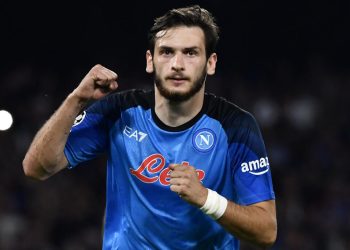 Napoli's Georgian forward Khvicha Kvaratskhelia celebrates scoring his team's third goal during the UEFA Champions League Group A football match between SSC Napoli and Ajax Amsterdam at the Diego Armando Maradona Stadium in Naples on October 12, 2022. (Photo by Filippo MONTEFORTE / AFP) (Photo by FILIPPO MONTEFORTE/AFP via Getty Images)