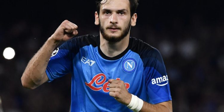 Napoli's Georgian forward Khvicha Kvaratskhelia celebrates scoring his team's third goal during the UEFA Champions League Group A football match between SSC Napoli and Ajax Amsterdam at the Diego Armando Maradona Stadium in Naples on October 12, 2022. (Photo by Filippo MONTEFORTE / AFP) (Photo by FILIPPO MONTEFORTE/AFP via Getty Images)