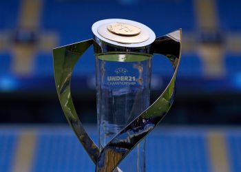 BATUMI, GEORGIA - JULY 07: A detalied view of the UEFA European Under-21 Championship trophy ahead of the UEFA Under-21 Euro 2023 Final match between England and Spain at Batumi Arena on July 07, 2023 in Batumi, Georgia. (Photo by Alex Caparros - UEFA/UEFA via Getty Images)