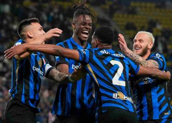 Inter Milan’s Denzel Dumfries celebrates after scores 1-0 his team's goal during the EA Sports FC Supercup 2024/2025 match between Inter and Atalanta at Al-Awwal Park Stadium in Riyadh, Saudi Arabia - Sport, Soccer - Thursday January 2, 2025 (Photo by Massimo Paolone/LaPresse)