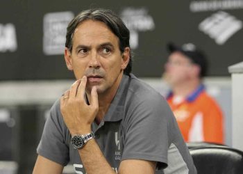 Al Hilal manager Simone Inzaghi sits on the bench prior to the Club World Cup Group H soccer match between Al Hilal and CF Pachuca in Nashville, Tenn., Thursday, June 26, 2025. (AP Photo/George Walker IV)