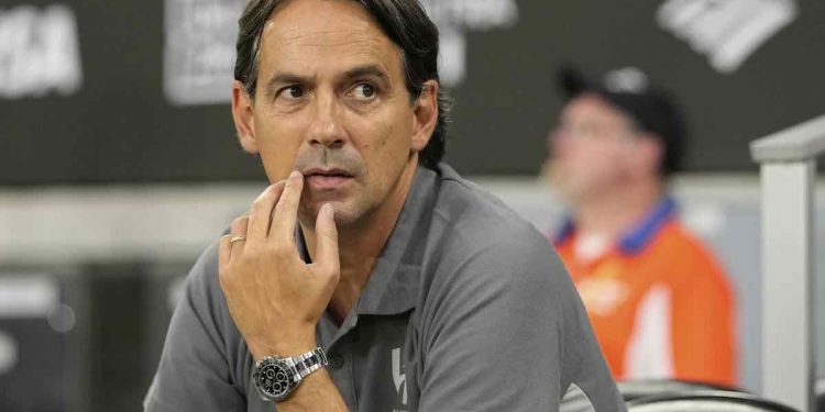 Al Hilal manager Simone Inzaghi sits on the bench prior to the Club World Cup Group H soccer match between Al Hilal and CF Pachuca in Nashville, Tenn., Thursday, June 26, 2025. (AP Photo/George Walker IV)