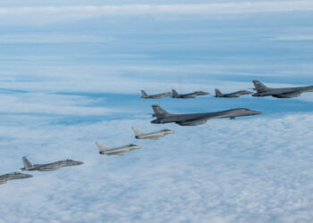 U.S. Air Force F-15C Eagles, F-15E Strike Eagles, assigned to the 48th Fighter Wing, and Royal Air Force Typhoon FGR4s escort B-1 Lancer Bombers, assigned to Dyess Air Force Base, Texas, during a bomber task force mission in the North Sea Region, Nov. 10, 2021. The mission highlights U.S. capabilities and commitment to work closely with our allies and partners to deter any potential adversary from aggressive actions.  (U.S. Air Force photo by Senior Airman Koby I. Saunders)