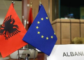 BRUSSELS, BELGIUM - NOVEMBER 15: Albanian National Flag and European Union flag are seen as High Representative of the European Union (EU) for Foreign Affairs and Security Policy and Vice-President of the European Council Federica Mogherini (not seen) and Albanian Foreign Minister Ditmir Bushati (not seen) attend a meeting of EU - Albania Stabilisation and Association Council in Brussels, Belgium on November 15, 2017. (Photo by Dursun Aydemir/Anadolu Agency/Getty Images)