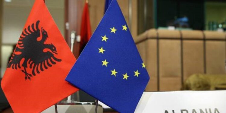 BRUSSELS, BELGIUM - NOVEMBER 15: Albanian National Flag and European Union flag are seen as High Representative of the European Union (EU) for Foreign Affairs and Security Policy and Vice-President of the European Council Federica Mogherini (not seen) and Albanian Foreign Minister Ditmir Bushati (not seen) attend a meeting of EU - Albania Stabilisation and Association Council in Brussels, Belgium on November 15, 2017. (Photo by Dursun Aydemir/Anadolu Agency/Getty Images)