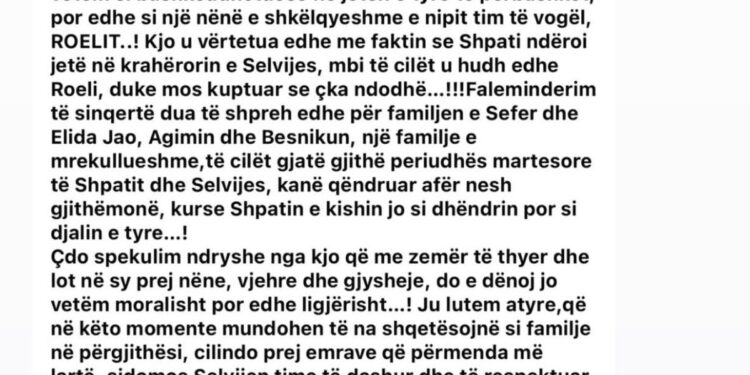 Në mes të dhimbjes dhe revoltës: Nëna e Shpatit mbështet publikisht Selvijen.