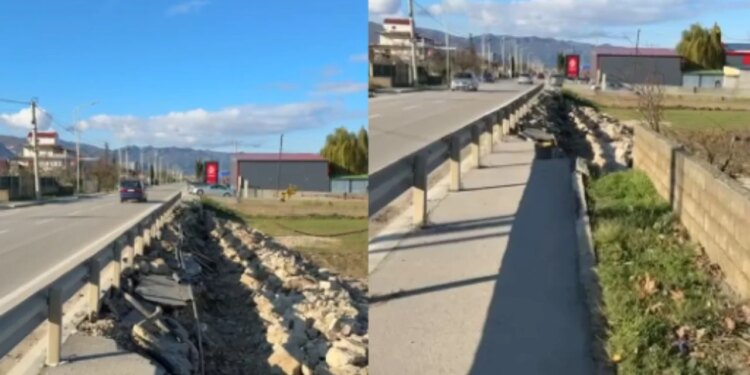 Trotuari në aksin Pogradec-Qafë Plloçë shembet, dëmtohen rrjetet nën tokë dhe rrezikohet siguria e këmbësorëve.