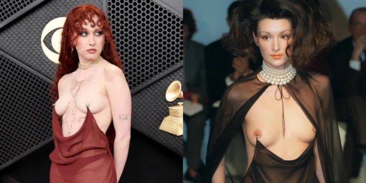 Chappell Roan tërheq vëmendjen në Grammy 2026 me fustanin ‘Nipple Ring’ të Mugler nga viti 1998.