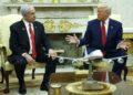 WASHINGTON, DC - APRIL 07: U.S. President Donald Trump (R) speaks alongside Israeli Prime Minister Benjamin Netanyahu with a model of Air Force One on the table, during a meeting in the Oval Office of the White House on April 7, 2025 in Washington, DC. President Trump is meeting with Netanyahu to discuss ongoing efforts to release Israeli hostages from Gaza and newly imposed U.S. tariffs. (Photo by Kevin Dietsch/Getty Images)