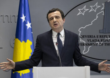 epa08249549 Prime minister of the Republic of Kosovo Albin Kurti gestures during an extraordinary press conference in Pristina, Kosovo, 26 February 2020. The Prime Minister of the Republic of Kosovo, Albin Kurti, through an official letter informed the Speaker of the Assembly of the Republic of Kosovo on the constitutional implications of the exchange of letters dated April 19, 2013 between the then Prime Minister Hashim Thaci and the then Secretary General of NATO, Anders Fogh Rasmussen. Through this agreement, Prime Minister Thaci, on behalf of the Republic of Kosovo, transferred to KFOR the absolute veto power over all future Kosovo Security Force (KSF) missions in the north of Kosovo for an unenforceable period.  EPA-EFE/VALDRIN XHEMAJ