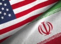 Iran and United States flags together realtions textile cloth fabric texture