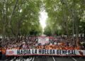 Protesters carry a banner that reads "Towards the general strike" as they demand political action to stop evictions and alleviate the housing crisis, in Madrid, Spain, October 3, 2026. REUTERS/Alejandro Martinez Velez